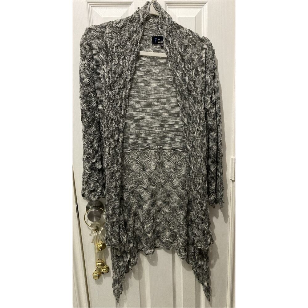 Patrizia Luca Milano Gray White Open Front Long Knit Sweater Size Small Boho